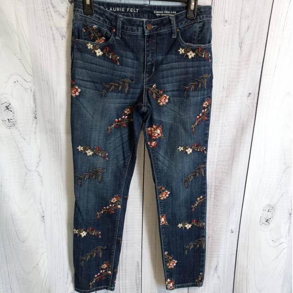 Laurie Felt | Classic Denim All-Over Floral Embroidered Slim Leg Jeans - Picture 2 of 15